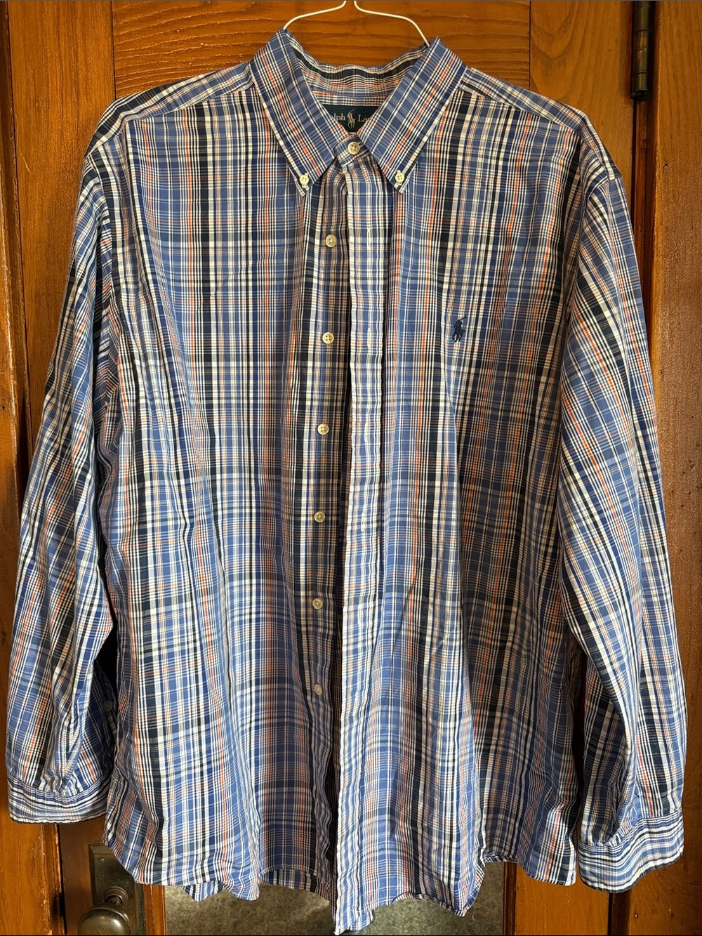 Ralph Lauren Blue and White with orange accent color. Plaid Button-Down Shirt